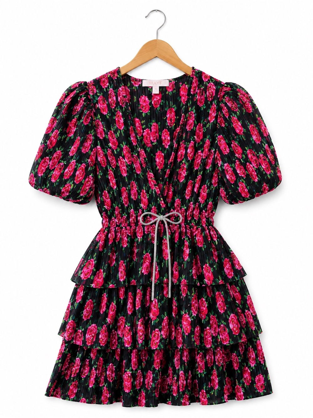 WAYF Red Roses Pleated Mini Dress Floral Tiered Puff Sleeve Size M - Picture 2 of 7